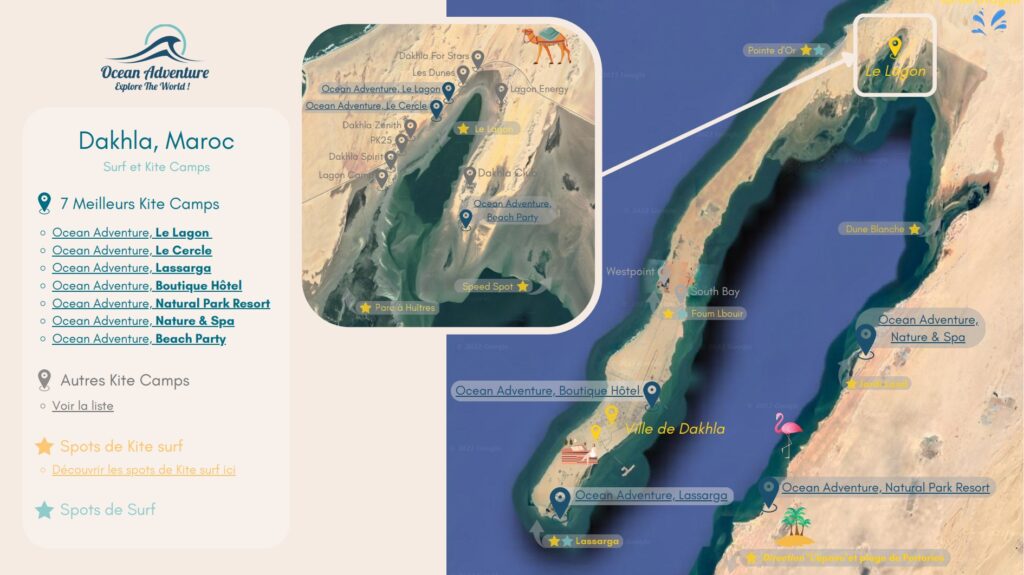 Carte de Dakhla : Vue de la lagune avec les meilleurs camps, spots de kitesurf et tirants d'eau pour le wingfoil